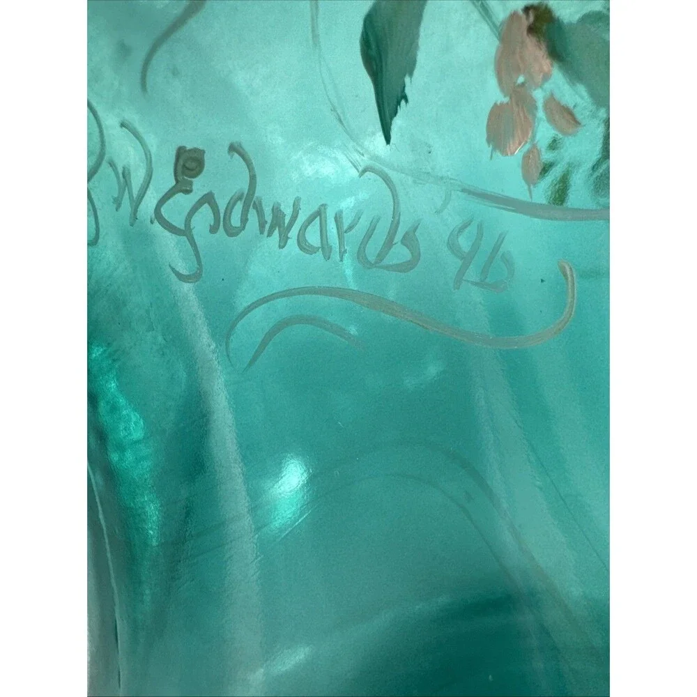 Vintage Hand Painted  Pink Floral On Teal Vase Signed Edwards 9x6.5” Cottagecore